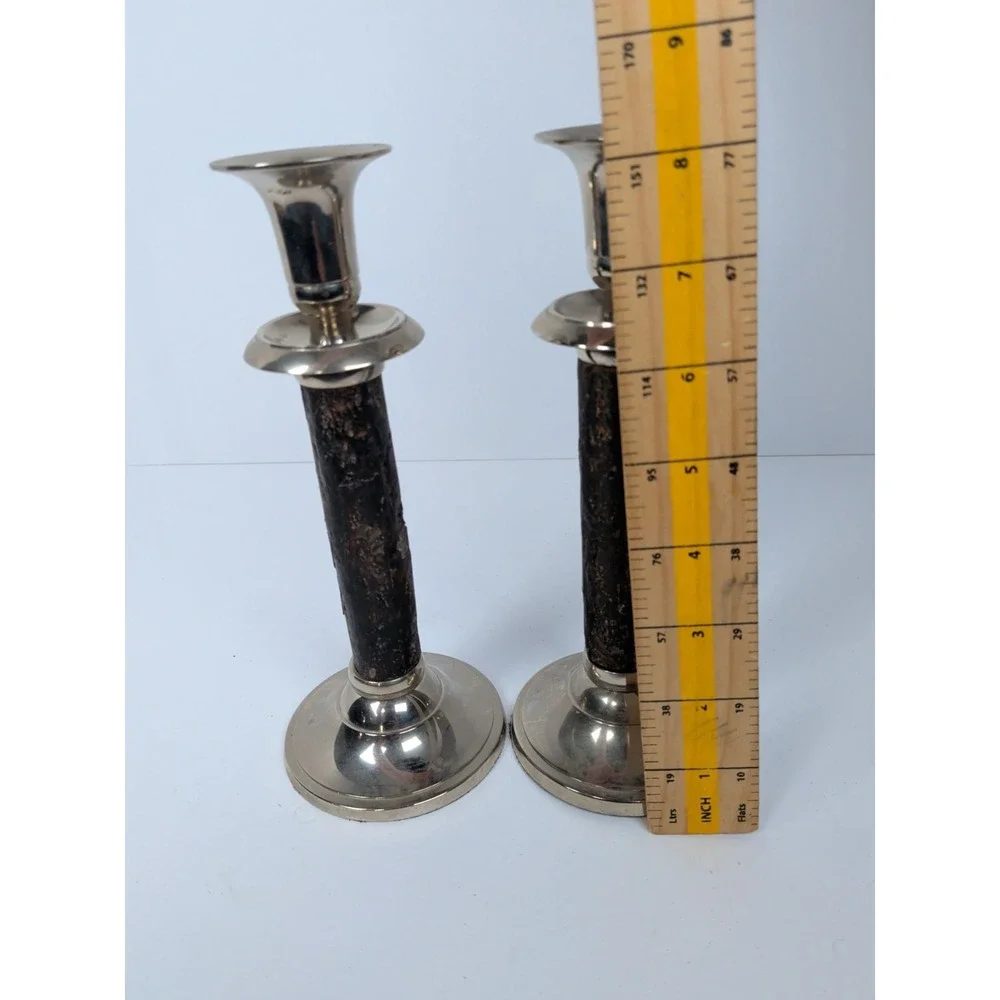 William Sonoma Walnut Bark / Silver Candle Sticks  8 1/4 in set of 2